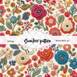 Pode incluir: Um padrão sem costuras apresentando uma variedade de flores e folhas de crochê em tons de rosa, azul, laranja e verde sobre um fundo creme. O texto "Seamless pattern", "300dpi" e "3600x3600 px" está sobreposto no centro.