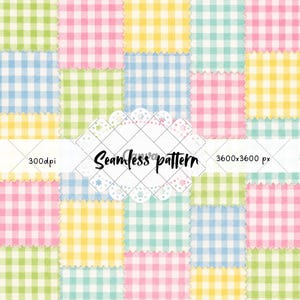 May include: A digital seamless pattern featuring a grid of square patches in pastel colors including pink, yellow, light blue, and light green, each with a white gingham check. A central white scalloped label displays the text Seamless pattern.