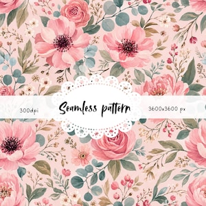 Könnte beinhalten: Ein nahtloses Blumenmuster mit rosa Blüten, grünen Blättern und Zweigen auf hellrosa Hintergrund. Das Design umfasst Rosen, Pfingstrosen und andere florale Elemente. Der Text "Seamless pattern" wird in einem weißen Oval angezeigt.
