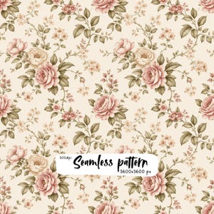 May include: A seamless pattern featuring repeating clusters of dusty pink and cream roses with muted green leaves and small blossoms on a light beige background. A white label displays the text 300dpi Seamless pattern 3600x3600 px.