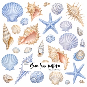 Pode incluir: Uma coleção de ilustrações em aguarela com várias conchas e duas estrelas-do-mar azuis. O sortido inclui conchas em forma de leque, espirais e pontiagudas em tons de azul, bege e creme. Texto: 300dpi Seamless pattern 3600x3600 px.
