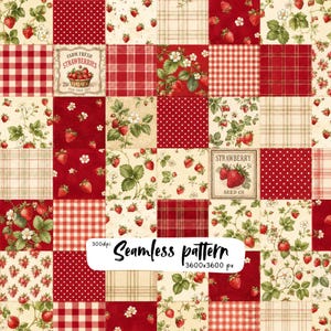 May include: A patchwork fabric design featuring alternating squares of red and white gingham, plaid, polka dots, and strawberry botanical prints. Two rectangular labels are visible, one reading Farm Fresh Strawberries and one Strawberry Seed Co.