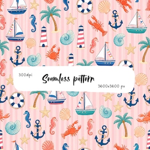 May include: A seamless pattern featuring nautical elements on a light pink striped background. The design includes blue sailboats, red and white lighthouses, orange lobsters, blue anchors, seahorses, palm trees, seashells, and starfish.