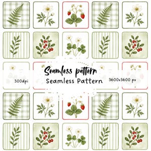 May include: A seamless pattern design featuring botanical illustrations of ferns, flowers, strawberries, and berries. The design is arranged in a grid of squares with a mix of checkered and striped backgrounds. The text "Seamless pattern" is displayed in the center.