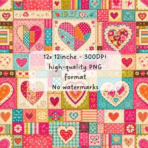 Sömlöst lapptäckemönster med hjärtan, alla hjärtans dag-tygtryck, färgglada Cottagecore-hjärtan, scrapbookingpapper PNG-repetition kakelkonst Etsy-säljare bild 2