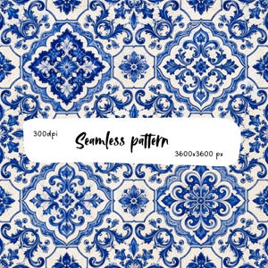 May include: A seamless pattern featuring intricate blue and white floral damask motifs on a cream background. The design includes the text 300dpi, Seamless pattern, and 3600x3600 px centered in a white rounded rectangular overlay.