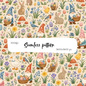 May include: A seamless pattern featuring gnomes, rabbits, ducks, chicks, snails, mushrooms, and colorful Easter eggs amidst spring flowers. A white rectangular overlay displays the text 300dpi, Seamless pattern, and 3600x3600 px.