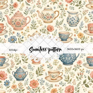May include: A seamless pattern featuring a repeating design of teapots, teacups, and saucers in shades of pink, blue, and cream, interspersed with small floral sprigs and blossoms. The image includes the text "Seamless pattern" and "300dpi 3600x3600 px".