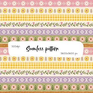 Op de afbeelding: Een digitaal naadloos patroon met horizontale banden van roze sneeuwvlokken, gele madeliefjes, geel gingham, groene bloemenranken met paarse en roze knoppen, en lavendelkleurige geometrische vormen. Tekst 300dpi Seamless pattern 3600x3600 px.