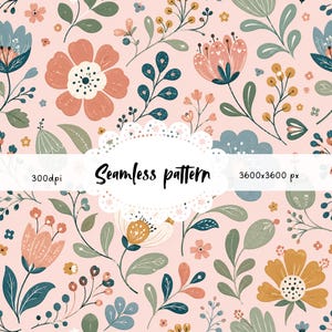 Pode incluir: Padrão floral sem costura em fundo rosa claro. O design apresenta flores em tons de pêssego, azul e amarelo, com folhas e caules verdes. O texto "Seamless pattern" é exibido em uma faixa branca.