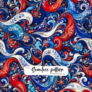 Motivo paisley senza soluzione di continuità rosso, bianco e blu, spirale floreale ornamentale, design digitale per carta, tessuto e carta da parati