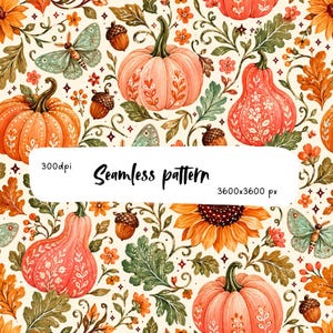 Pode incluir: Um padrão contínuo com abóboras laranja e pêssego, bolotas castanhas, folhas de carvalho verdes, girassóis e traças verde-claras num fundo creme. A imagem inclui o texto 300dpi, Seamless pattern, e 3600x3600 px.