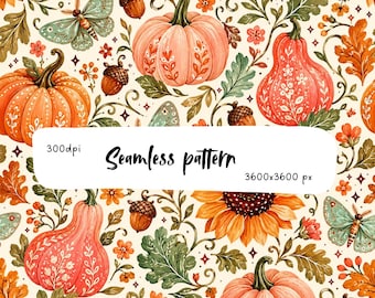 Fantasia autunnale stravagante con zucche in stile folk art | Carta digitale Cottagecore a tema raccolto | Stampa autunnale con girasoli e ghiande