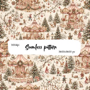 Victorian Christmas Carousel Seamless Pattern, Vintage Holiday Wonderland, Pink Christmas Village Fabric, Winter Market Digital Paper