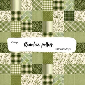 May include: A digital seamless pattern featuring a grid of square tiles in various shades of green and cream. Designs include floral prints, plaid, gingham, polka dots, damask, and quatrefoil motifs. Text reads 300dpi, Seamless pattern, 3600x3600 px.