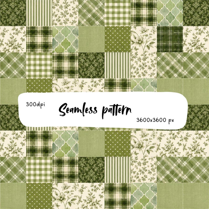 Pu&ograve; includere: Un motivo digitale senza cuciture composto da una griglia di riquadri quadrati in varie tonalit&agrave; di verde e crema. I design includono stampe floreali, tartan, vichy, pois, damasco e motivi a quadrifoglio. Testo: 300dpi, Seamless pattern, 3600x3600 px.