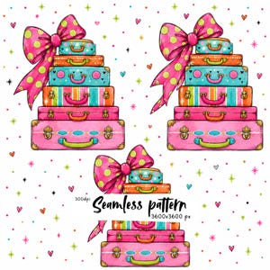 Colorful Suitcase Seamless Pattern, Kawaii Travel Digital Paper, Pink Bow Luggage Design, Scrapbook Fabric Sublimation Download