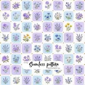 May include: A seamless pattern featuring a grid of rounded squares in shades of light blue and lavender, each containing watercolor-style floral bouquets. Small gold stars are placed at the intersections. Text reads: 300dpi Seamless pattern 3600x3600 px.