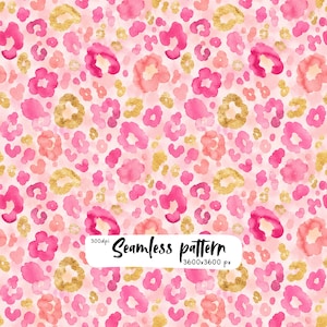 Op de afbeelding: Een naadloos patroon met een aquarelontwerp van roze en gouden luipaardvlekken op een lichtroze achtergrond. De afbeelding bevat de tekst 300dpi Seamless pattern 3600x3600 px in een wit rechthoekig kader in het midden van het ontwerp.