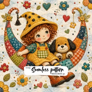 Può includere: Un motivo senza cuciture che raffigura un bambino con capelli rossi ricci, un cappello giallo a pois e una salopette, seduto su una mezzaluna fatta di tessuto patchwork colorato con un cucciolo marrone, circondato da fiori e cuori in tessuto.