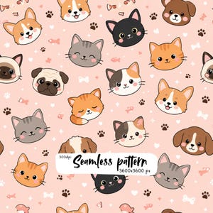 Cute Kawaii Cats & Dogs Seamless Pattern | Adorable Pet Faces Digital Paper | Nursery Fabric Print | Scrapbook Background PNG | Commercial
