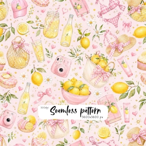 Rosa citron sommar digitalt papper | Coquette Lemonade sömlöst mönster | Akvarell citrus, rosetter och stråhattar | Flickigt scrapbook bakgrund |