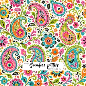 May include: A seamless pattern featuring vibrant paisley shapes and stylised flowers in shades of hot pink, turquoise, orange, and lime green on a white background. The text 300dpi Seamless pattern 3600x3600 px is printed in black on a white label.
