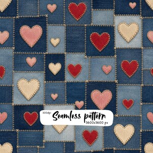 Denim Patchwork Hearts Seamless Pattern – Rustic Quilt Heart Applique, Blue Jean Fabric Squares, Country Cottage Valentine Fabric Print