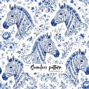 Blue Porcelain Zebra Seamless Pattern, Delft Floral Animal Digital Paper, Chinoiserie Tile Fabric Print, Watercolor Clipart