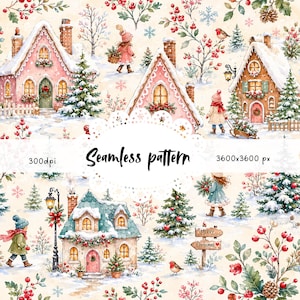 Op de afbeelding: Naadloos aquarelpatroon met grillige winterhuizen, kinderen en feestelijke elementen. Het ontwerp bevat besneeuwde daken, groenblijvende bomen en rode bessen, met de tekst "Seamless pattern".