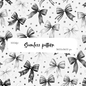 Pode incluir: Um padrão digital sem costuras com laços e pequenas estrelas em estilo aguarela a preto e branco sobre um fundo de riscas verticais. A imagem inclui o texto 300dpi, Seamless pattern e 3600x3600 px num retângulo branco.