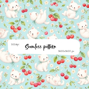 Cute White Kittens and Cherries Seamless Pattern | Kawaii Cat Digital Paper | Cherry Blossom Kitten Print | Nursery Fabric Design
