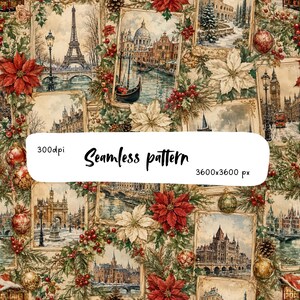 Op de afbeelding: Een naadloos patroon met rechthoekige kaders met illustraties van Europese bezienswaardigheden zoals de Eiffeltoren en Big Ben, versierd met rode en witte kerststerren, dennentakken, rode bessen en gouden ornamenten. Tekst 300dpi 3600x3600 px.