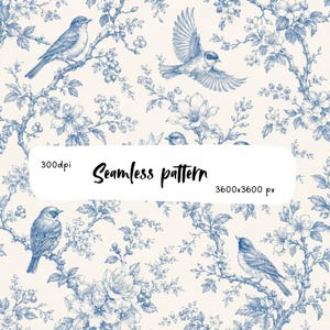 Blåfågel Toile de Jouy Sömlöst Mönster | Vintage Franska Blommiga Fåglar | Chinoiserie Botanisk Design för Tyg, Tapeter och Scrapbookpapper