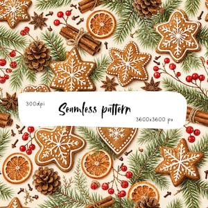 May include: A seamless pattern featuring star-shaped gingerbread cookies with white icing, dried orange slices, cinnamon sticks, pine cones, red berries, and green pine needles. The image includes the text 300dpi, Seamless pattern, 3600x3600 px.