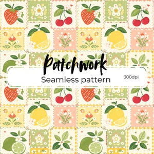 Pode incluir: Um padrão de patchwork sem costura com quadrados contendo morangos, cerejas, limões, limas e desenhos florais em uma paleta de cores pastel. O texto "Patchwork Seamless pattern" é exibido.