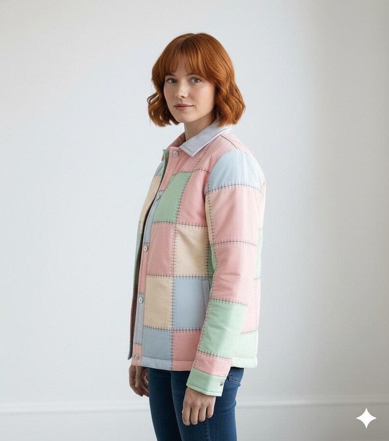 May include: A pastel patchwork jacket in pink, blue, green, and cream. The jacket has a light blue collar and cuffs, with visible stitching. The jacket is buttoned up and worn with blue jeans.