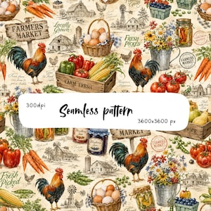 Pode incluir: Um padrão contínuo com tema de fazenda, apresentando galos, caixotes de madeira com vegetais, cestas de ovos, potes de conservas e arranjos florais. O fundo inclui esboços de celeiros, moinhos de vento e textos como Farmers Market.