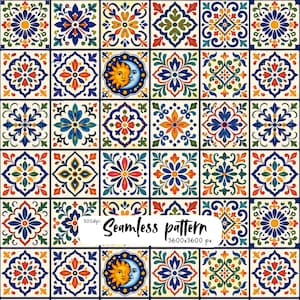 May include: A seamless pattern of square tiles featuring intricate floral and geometric motifs in blue, yellow, red, and green on a cream background. Some tiles display a sun and moon face design. Text reads 300dpi Seamless pattern 3600x3600 px.