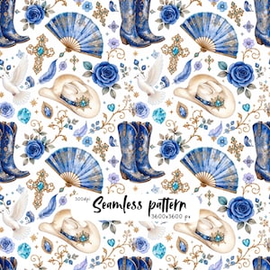 Può includere: Un motivo continuo con stivali da cowboy blu, cappelli bianchi con gemme blu, ventagli blu, colombe bianche, rose blu, croci dorate con pietre blu e piume blu. Il testo recita: Seamless pattern 300dpi 3600x3600 px.