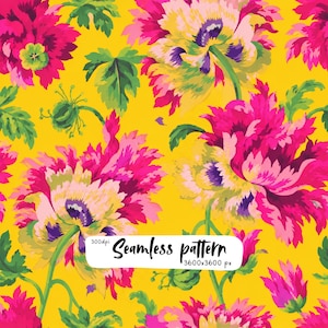 Bold Floral Seamless Pattern, Pink Yellow Fabric, Botanical Wallpaper, Scrapbook Paper PNG, Vibrant Textile Print Download Files!