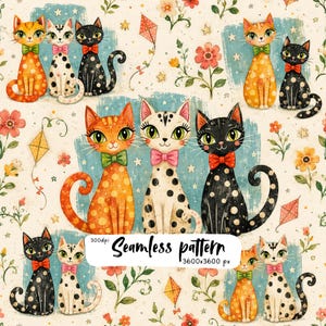Patrón sin costuras de gatos adorables, gatos kawaii retro con lazos y flores, papel digital para tela infantil, descarga de fondo para álbum de recortes