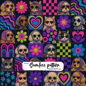 Può includere: Un motivo senza cuciture che presenta una griglia di vari cani e gatti che indossano foulard e occhiali da sole, intervallati da fiori colorati, cuori, quadrati a scacchi e linee ondulate. Il testo "Seamless pattern 300dpi 3600x3600 px" è visibile.