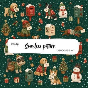 Motivo senza cuciture con lettere di cani a Babbo Natale per Natale, stampa di cuccioli per la cassetta delle lettere natalizie, design di tessuto con cani invernali carini, carta digitale natalizia PNG