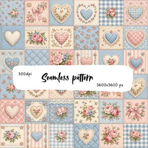 Shabby Chic Patchwork Hearts Seamless Pattern PNG, Vintage Rose Quilt Fabric Design, Pink Blue Floral Patchwork Digital Paper Download