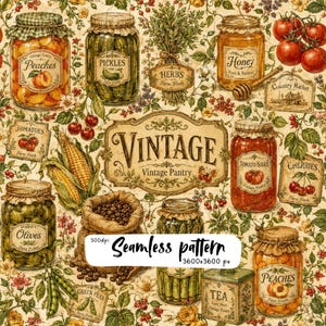 Pode incluir: Um padrão contínuo com ilustrações de estilo vintage de frascos de vidro com pêssegos, pepinos, mel, azeitonas, molho de tomate e chá, junto com milho, grãos de café, cerejas e tomates sobre um fundo floral.