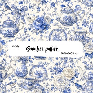 May include: A seamless pattern featuring blue and white toile-style illustrations of teapots, teacups, saucers, floral bouquets, and birds on a cream background. The image includes the text 300dpi, Seamless pattern, and 3600x3600 px.