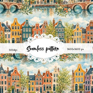 Puede incluir: Patrón sin costuras de acuarela con casas de canal coloridas, puentes y flores. La imagen incluye el texto "Seamless pattern" y detalles de resolución. El diseño evoca un paisaje urbano europeo.