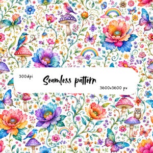 May include: A seamless pattern featuring colorful flowers, butterflies, mushrooms, small birds, owls, rabbits, and rainbows on a white background. The text 300dpi, Seamless pattern, and 3600x3600 px is printed in the center of the image.