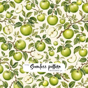 May include: A seamless pattern featuring green apples, apple slices, and leafy branches on a cream background. The image includes the text 300dpi Seamless pattern 3600x3600 px. The design displays various whole and halved apples with detailed foliage.